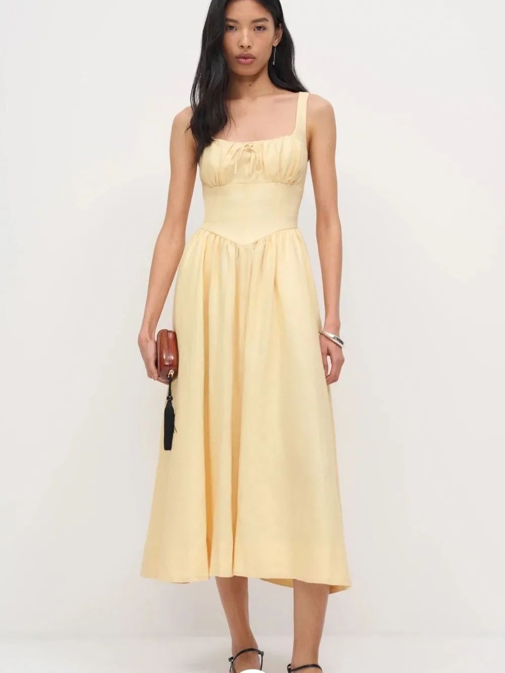 Reformation balia linen dress Yellow Square-Neck Midi Dress, 2